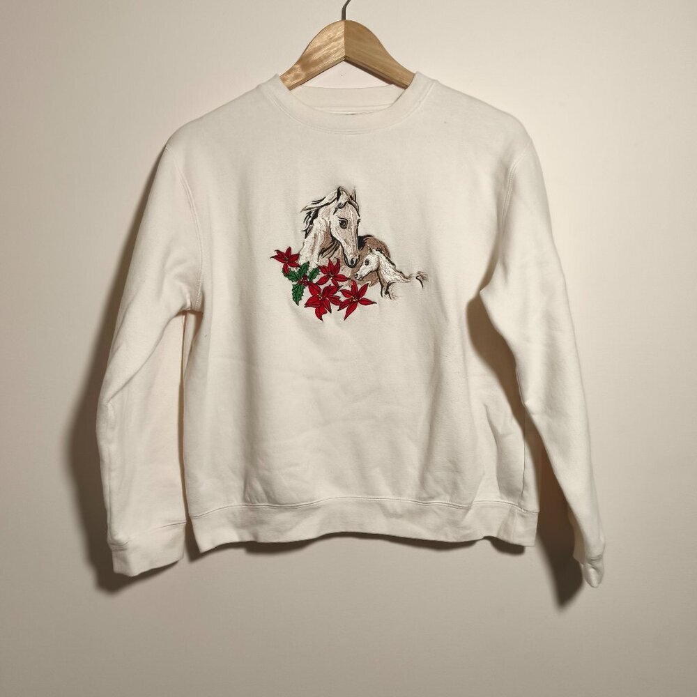 Vintage Bit and Bridle Embroidered Floral Horse Print Sweatshirt sz L Ivory Red